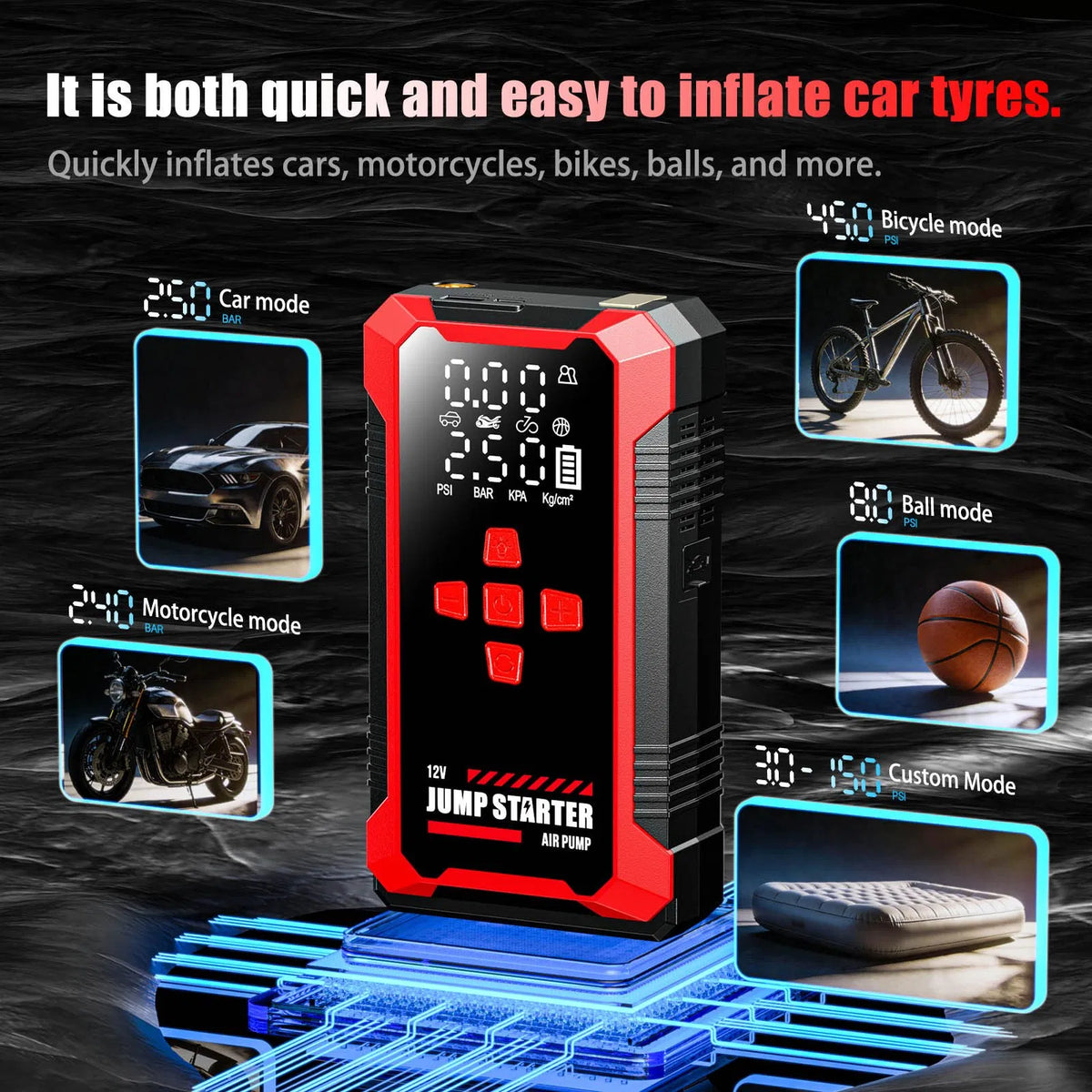 4-in-1 პორტატული მანქანის ძრავის ამუშავებელი და ციფრული საბურავების გასაბერი ტუმბო