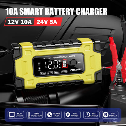 12V/24V 10A ჭკვიანი ავტომობილის აკუმულატორის დამტენი იმპულსური აღდგენის ფუნქციით (LCD ეკრანი)