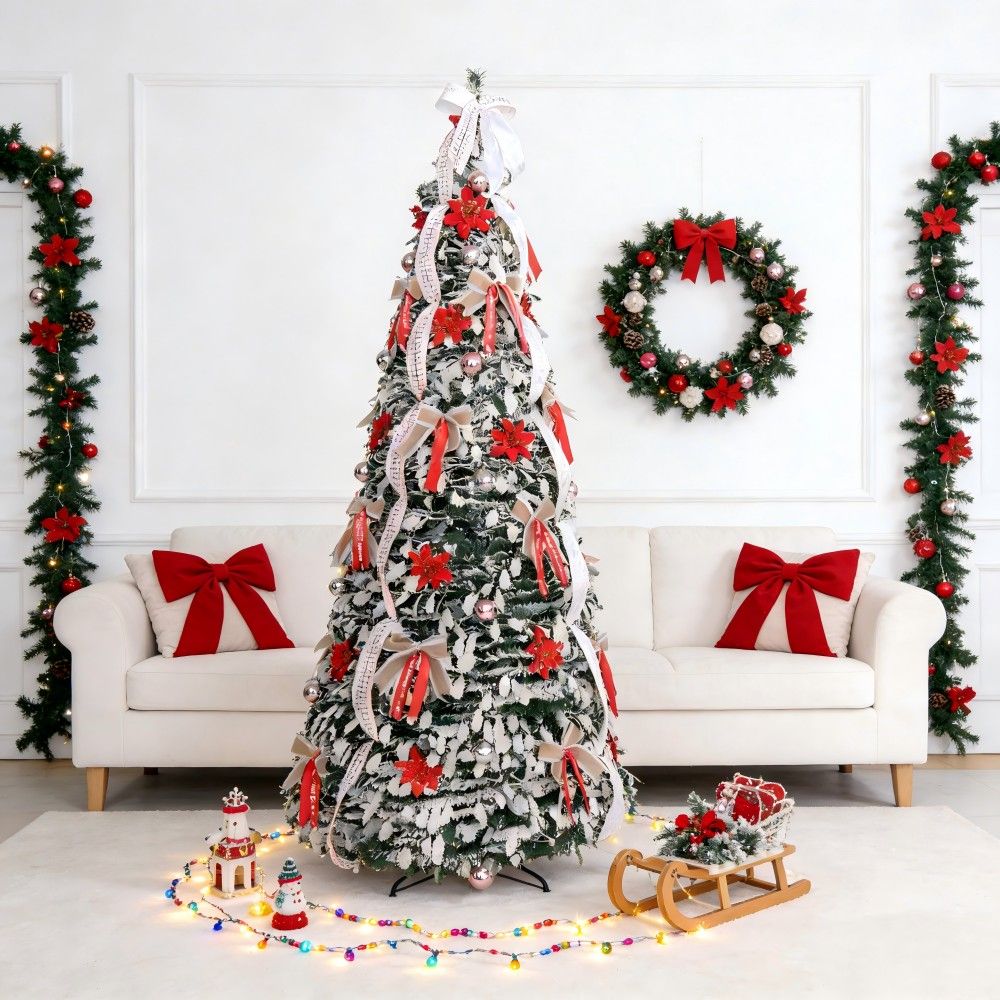 Festive Red & White Pop-Up Foldable Christmas Tree with Ornaments