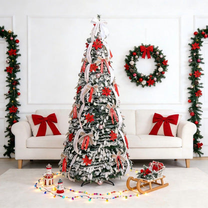 Festive Red & White Pop-Up Foldable Christmas Tree with Ornaments
