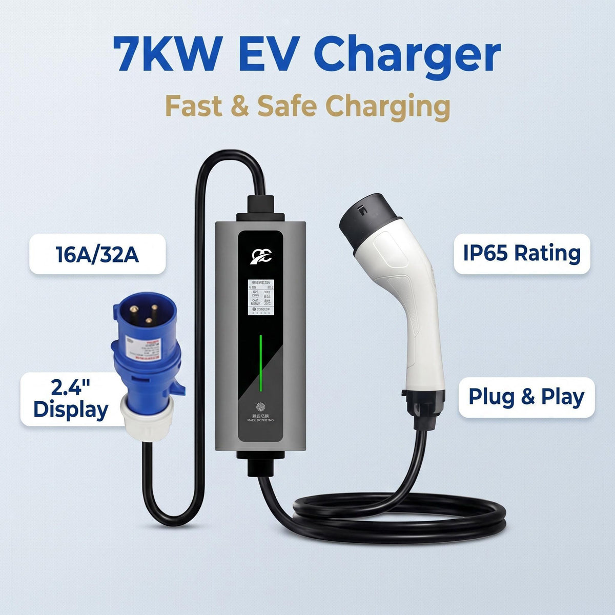 7kW Portable EV Charger (Type 2, IP65 Waterproof)