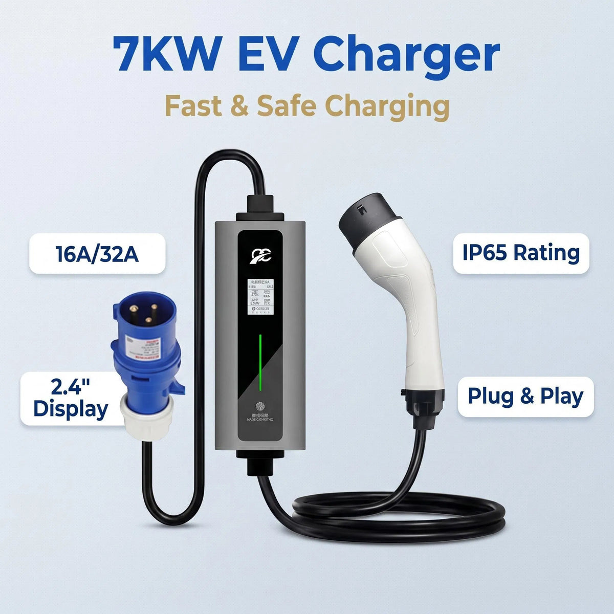 7kW Portable EV Charger (Type 2, IP65 Waterproof)