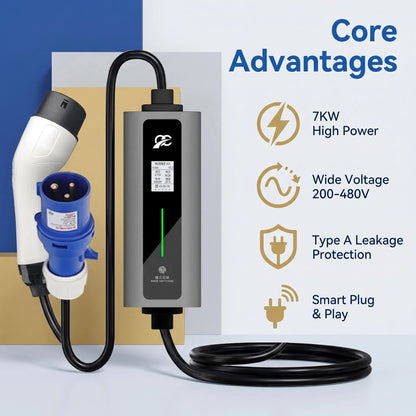 7kW Portable EV Charger (Type 2, IP65 Waterproof)